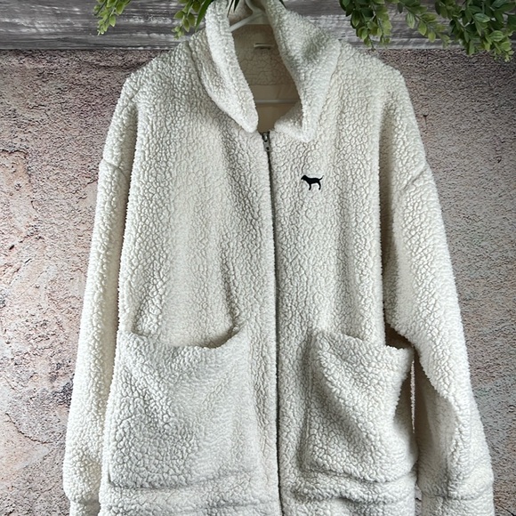 Pink Victorias Secret Womens Oz Fuzzy Sherpa Full Zip Jacket Cream medium A583 - Picture 2 of 4